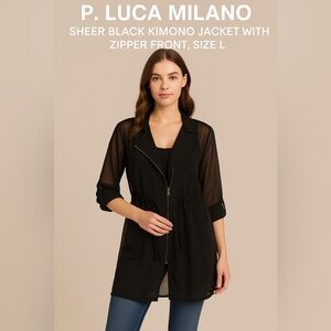 P. Luca Milano Sheer Black Kimono Jacket with Zipper Front, Size L